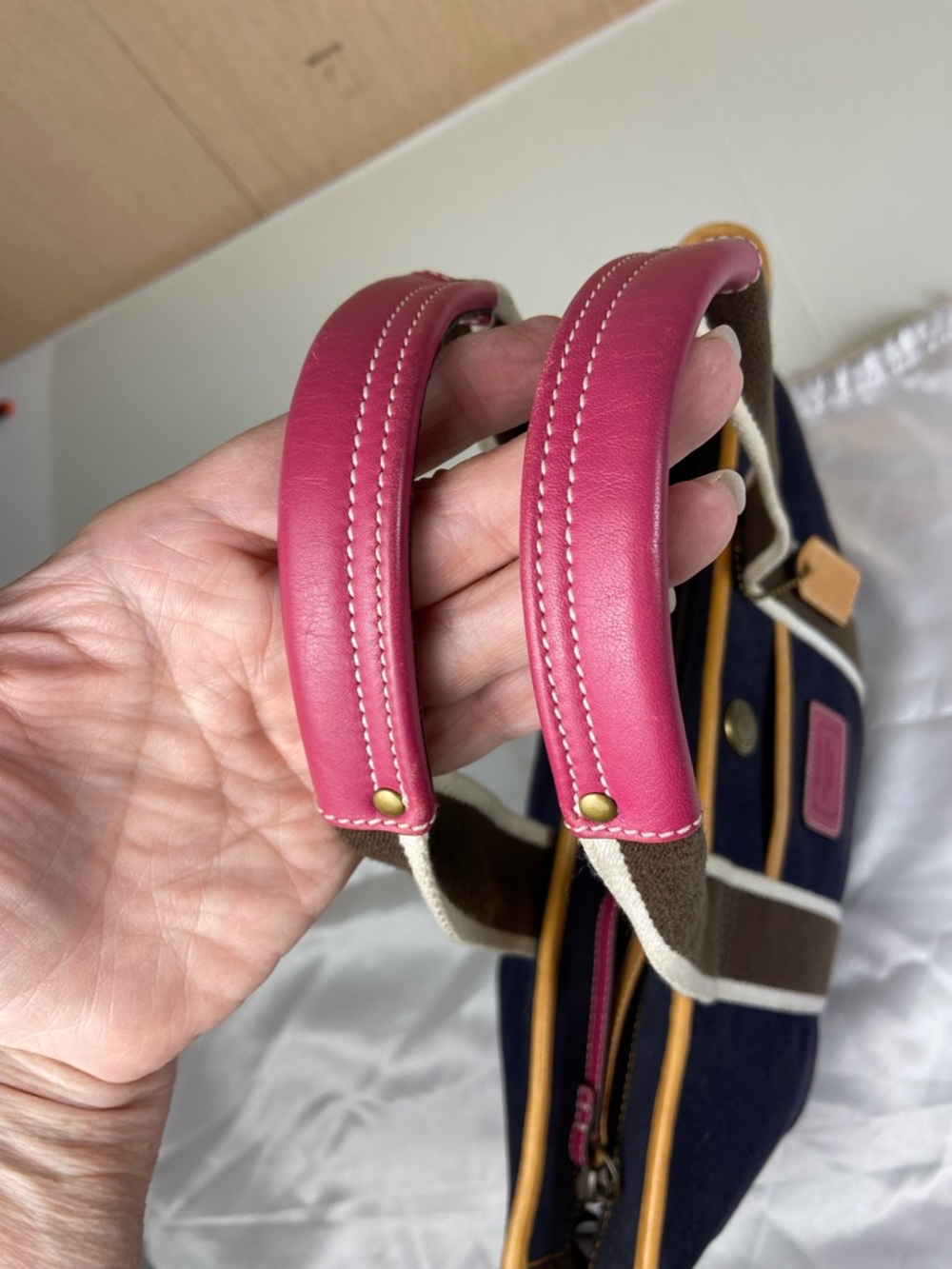 Coach Denim Tote Bag Pink Leather Trim Stripe Canvas Small Carryall Zip Top Y2K - Picture 3 of 15